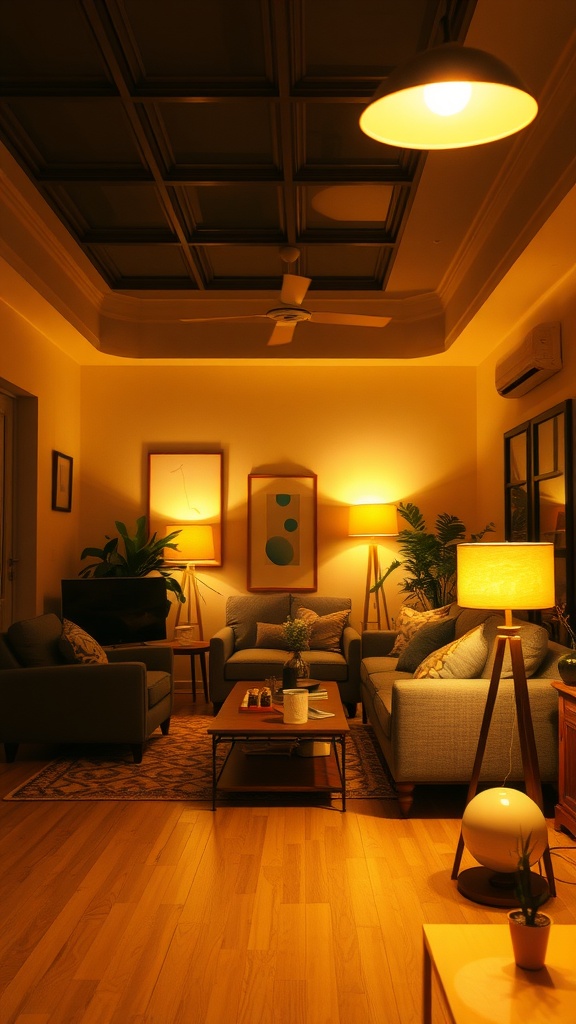 A cozy living room with layered lighting from ceiling and standing lamps, featuring plants and comfortable seating.