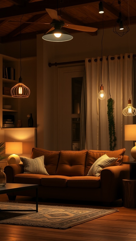A cozy living room showcasing a brown couch with layered lighting from pendant lights and lamps.
