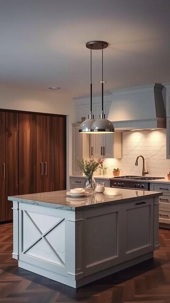 A modern kitchen island illuminated by stylish pendant lights, showcasing layered lighting for versatility.