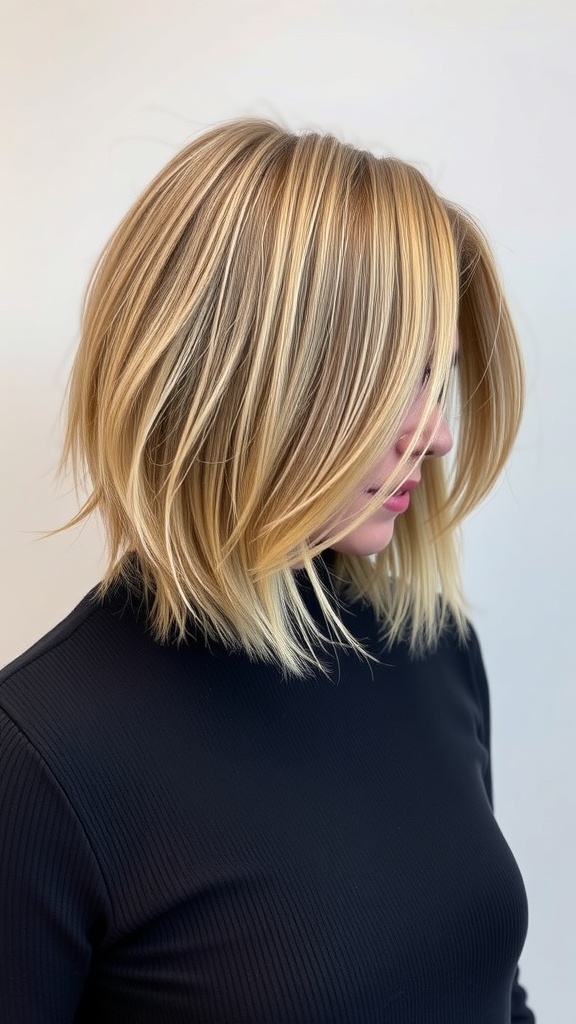 A woman with a layered lob hairstyle, showcasing volume and texture.
