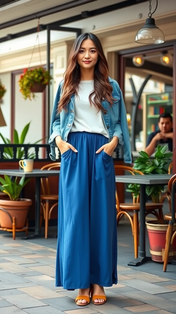 A woman wearing a blue maxi skirt and denim jacket, standing outside a café.