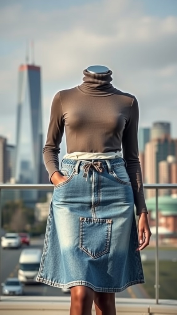 A layered outfit featuring a turtleneck and a denim skirt displayed against a city backdrop.