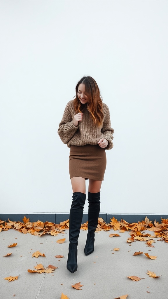A woman wearing a brown chunky sweater and a brown mini pencil skirt with knee-high black boots, standing on a sidewalk covered with autumn leaves.