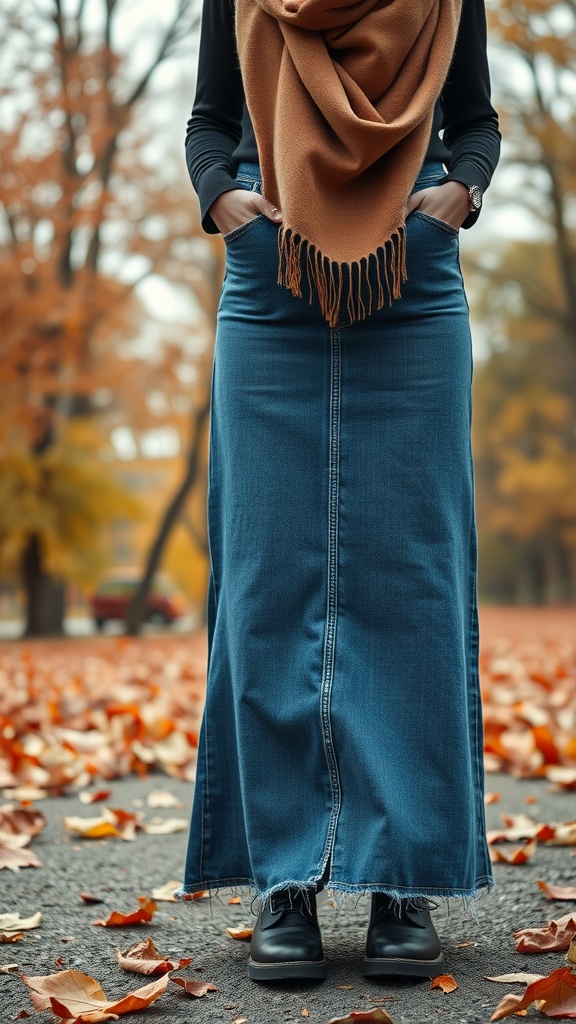 A woman in a long denim skirt and oversized tan scarf, standing on a path covered with autumn leaves.