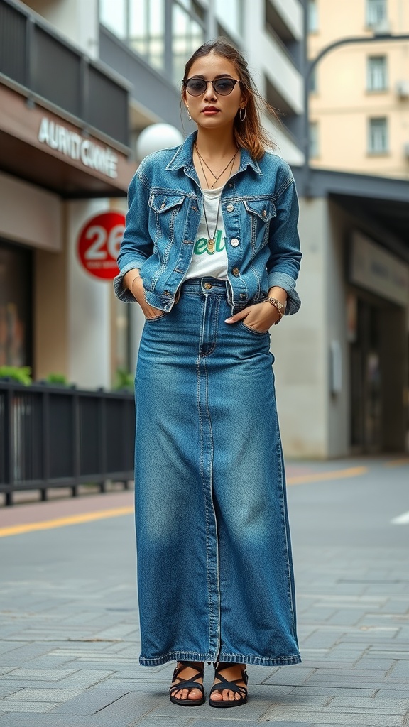 A person wearing a denim jacket and a long denim skirt in an urban setting.