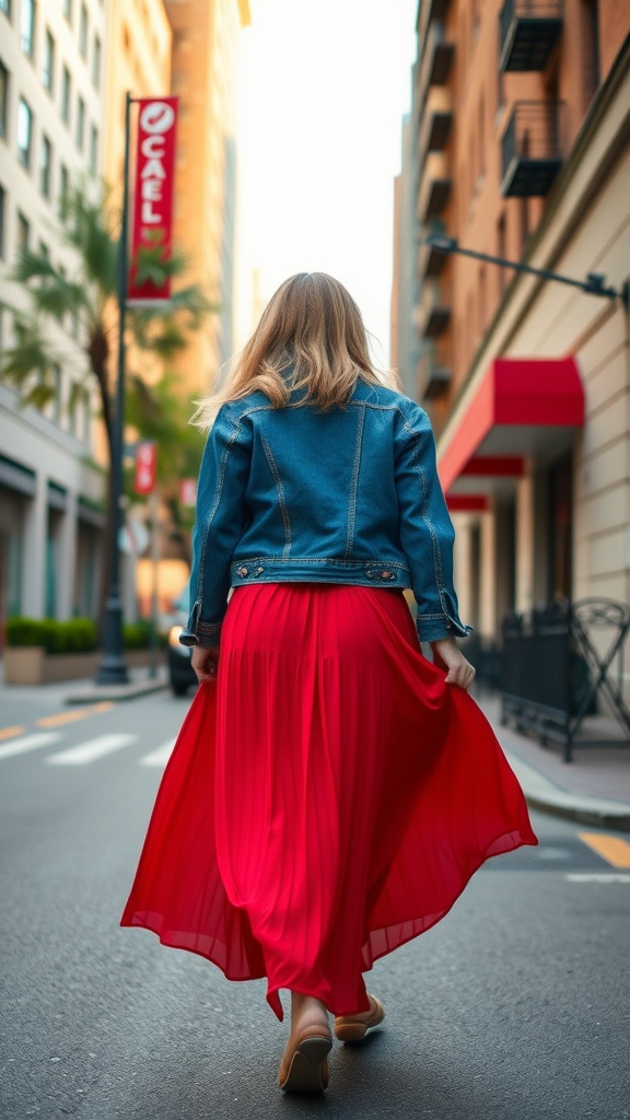 A woman walking down a city street in a red maxi skirt and denim jacket