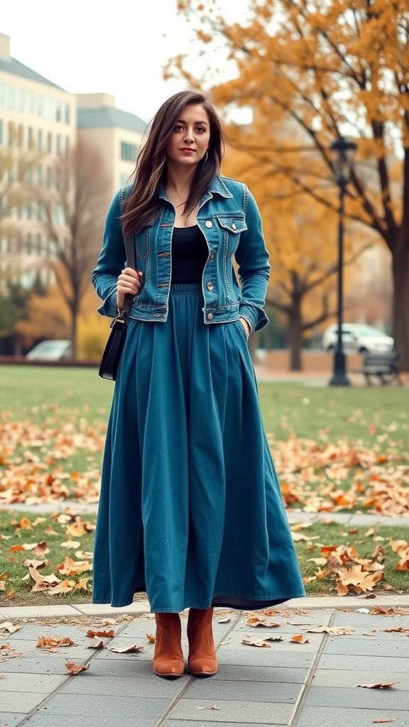 A woman wearing a blue maxi skirt and a denim jacket stands in a park with autumn trees.