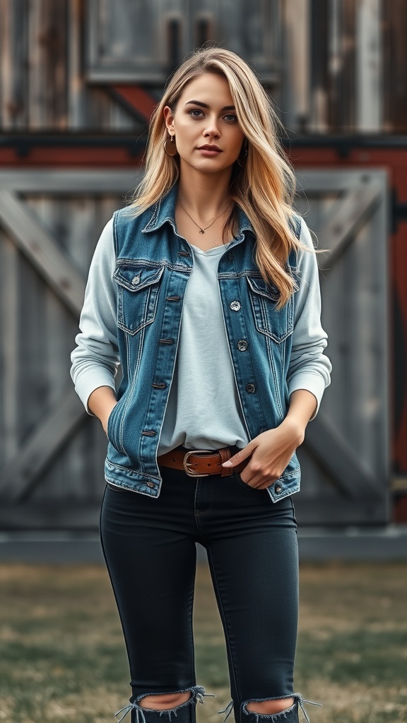 A woman wearing a denim vest over a light sweater, with black ripped jeans and simple accessories, posing casually.