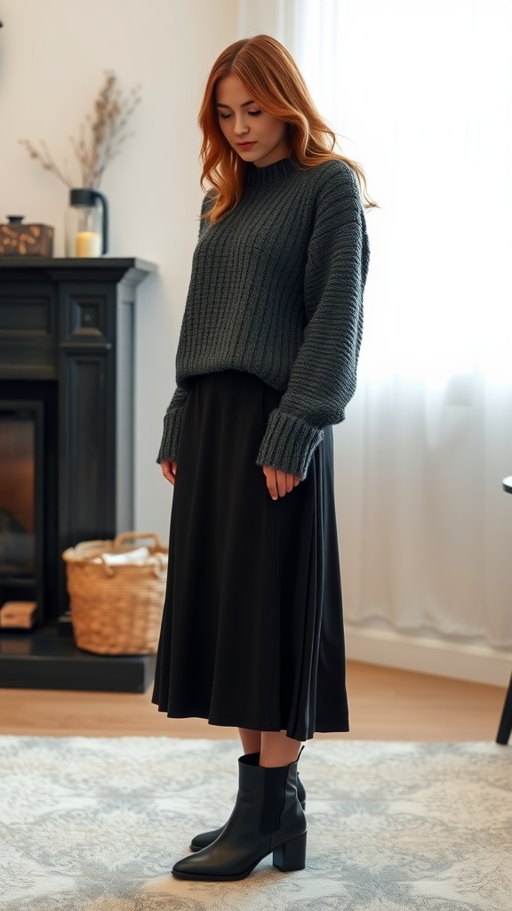 A woman in a cozy knit sweater and a black midi skirt, standing indoors with a modern decor.