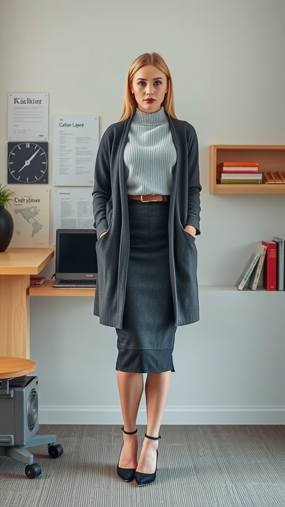 A woman in a pencil skirt and long cardigan stands in an office setting.