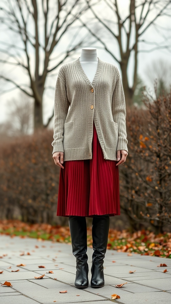 Layered outfit featuring a beige cardigan over a red pleated midi skirt, paired with black knee-high boots.