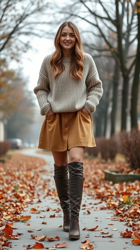 A woman walking in a fall setting, wearing a cozy sweater, an A-line skirt, and knee-high boots, surrounded by autumn leaves.