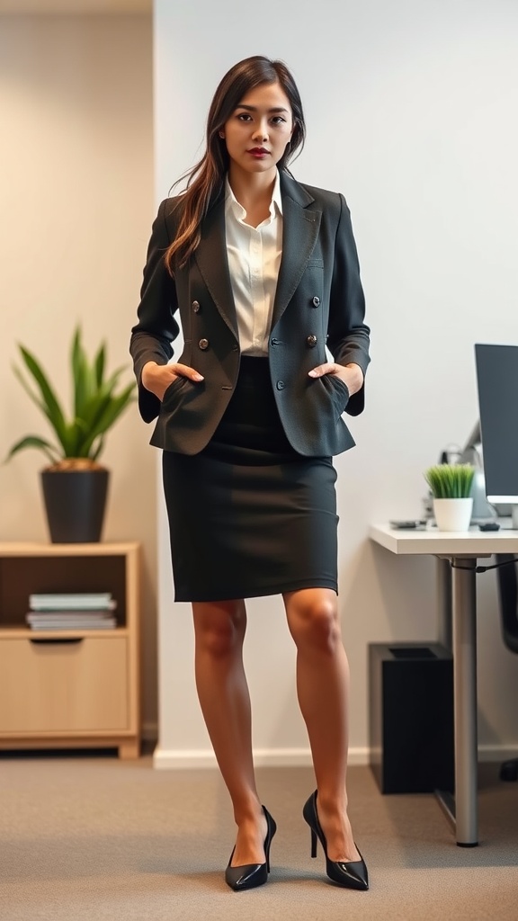 A woman in a black blazer and pencil skirt, standing confidently in an office setting.