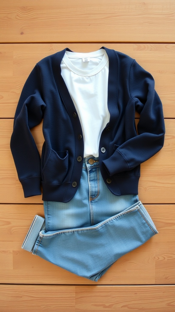 A navy cardigan over a white shirt and denim shorts arranged on a wooden surface.