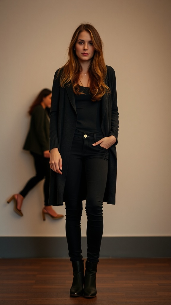 A stylish woman wearing a long cardigan with fitted jeans and ankle boots, posing confidently.