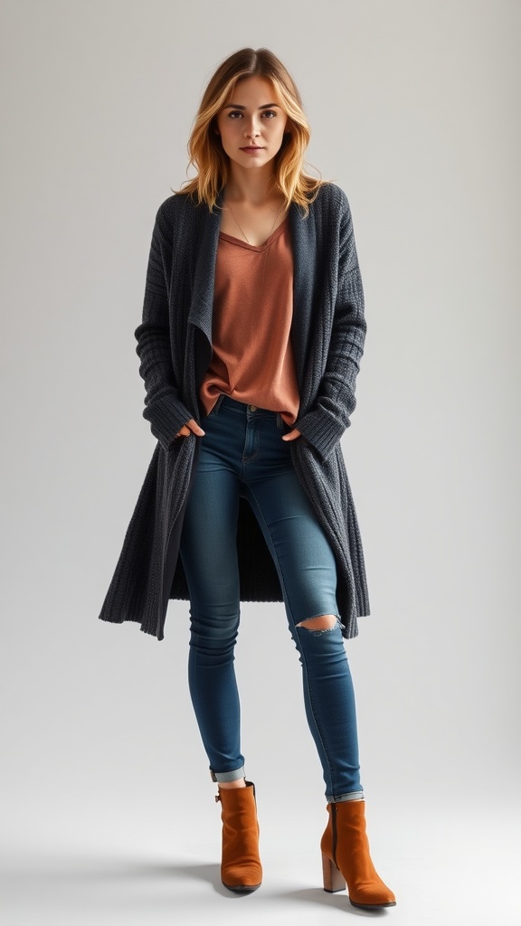 A woman in a layered outfit featuring a long dark cardigan, a light tank top, ripped jeans, and ankle boots, standing confidently.