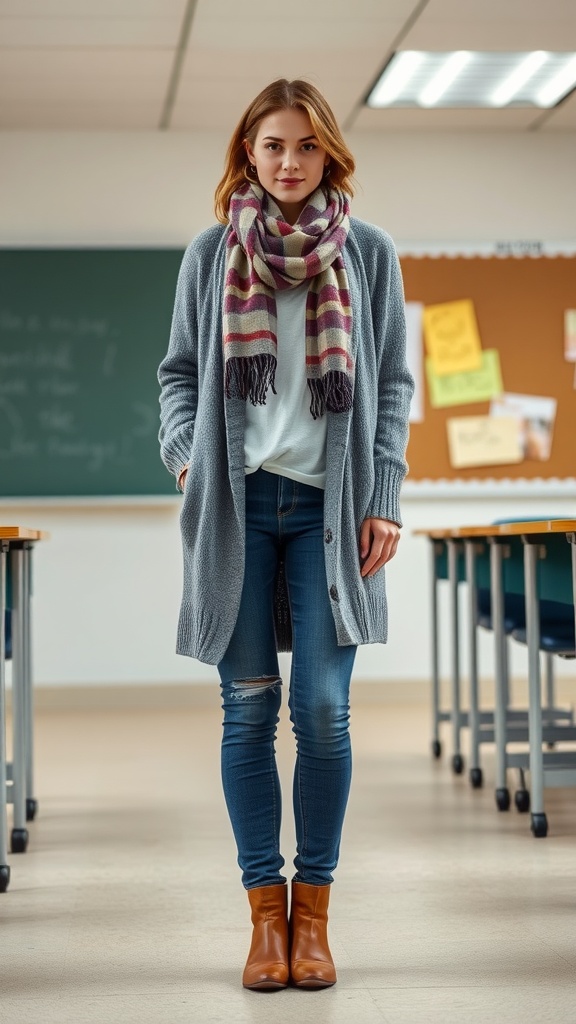 A woman in a gray cardigan and striped scarf standing in a classroom setting