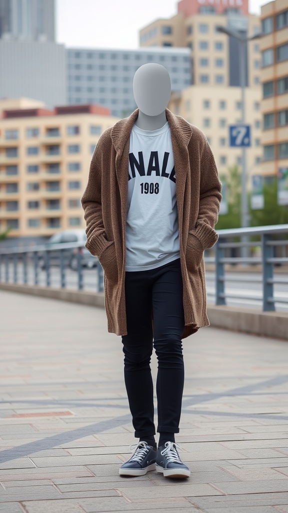 Casual outfit featuring a brown cardigan over a white graphic tee, paired with dark pants and sneakers.