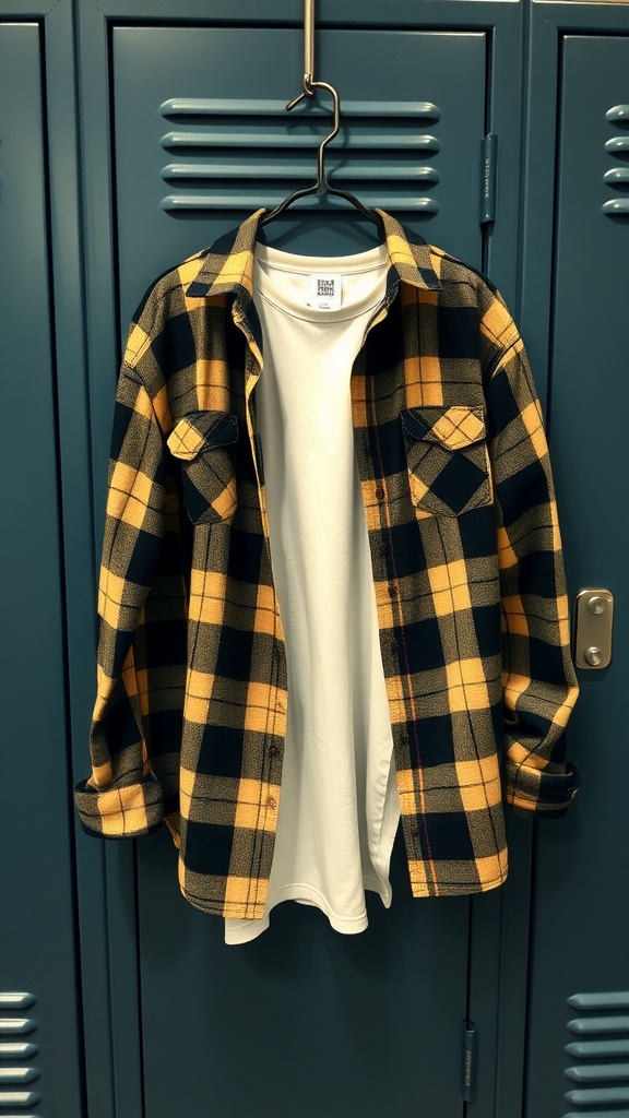 An oversized flannel shirt in yellow and navy plaid hanging in front of school lockers, paired with a white t-shirt underneath.