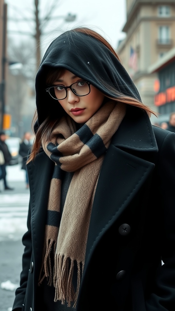 A person wearing a black overcoat and a beige scarf, standing outdoors with snow in the background.