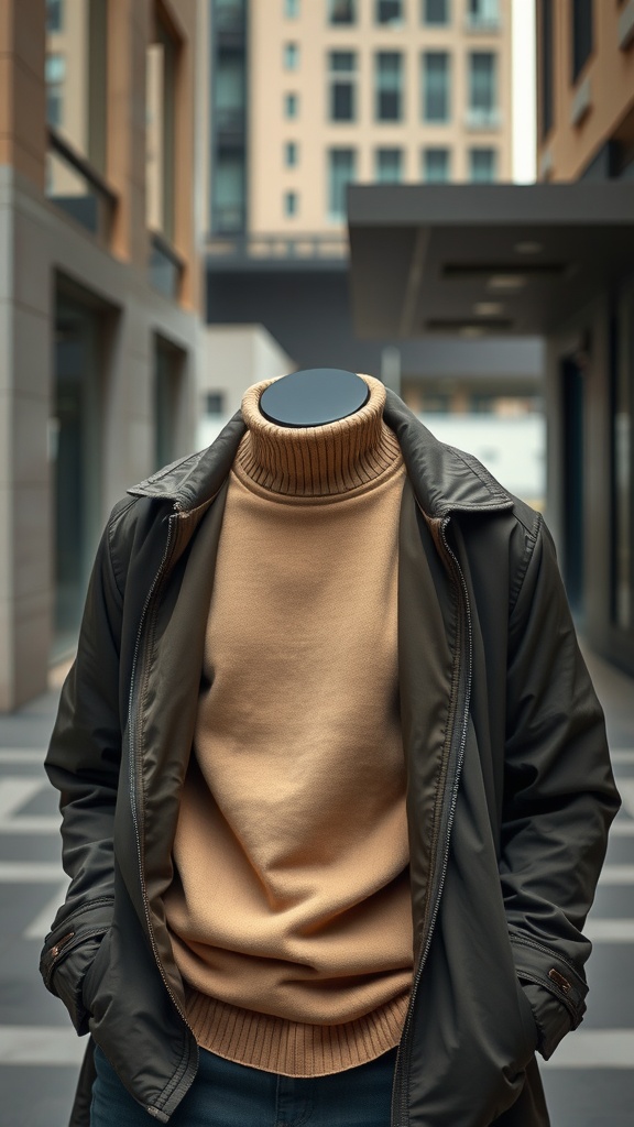 Layered outfit featuring a turtleneck and overshirt