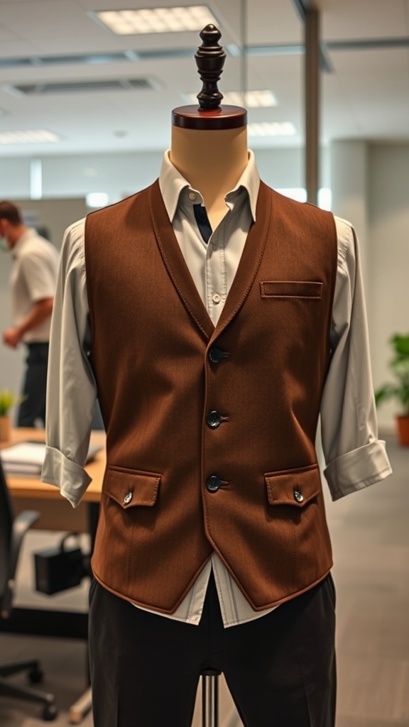 A brown vest over a light-colored shirt displayed on a mannequin, set in an office environment.