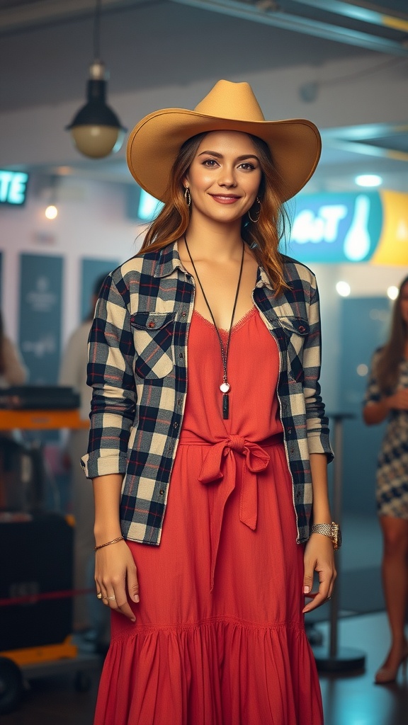 A woman in a layered western outfit featuring a flannel shirt over a red dress, complemented by a wide-brimmed hat.
