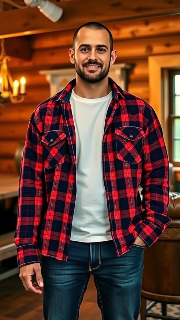 A man wearing a red and black plaid flannel shirt over a white t-shirt, standing in a wooden room.