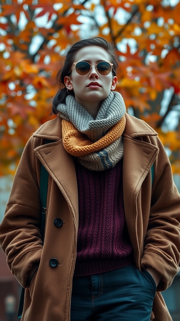 A person in a layered casual outfit featuring a brown coat, a burgundy sweater, and a large scarf, set against an autumn backdrop.