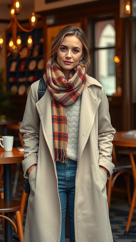 A fashionable woman in a beige trench coat and plaid scarf, standing in a cozy café setting, showcasing a layered outfit for transitional weather.