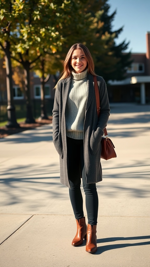 A woman standing outdoors in a layered outfit consisting of a cardigan, sweater, leggings, and ankle boots.