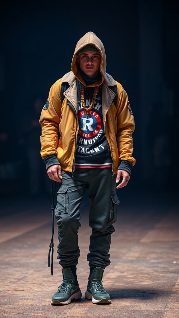 A model dressed in a layered techno rave outfit featuring a yellow jacket, hoodie, and cargo pants.