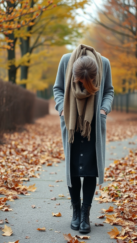 A woman wearing a long grey cardigan over a black denim skirt, surrounded by autumn leaves.