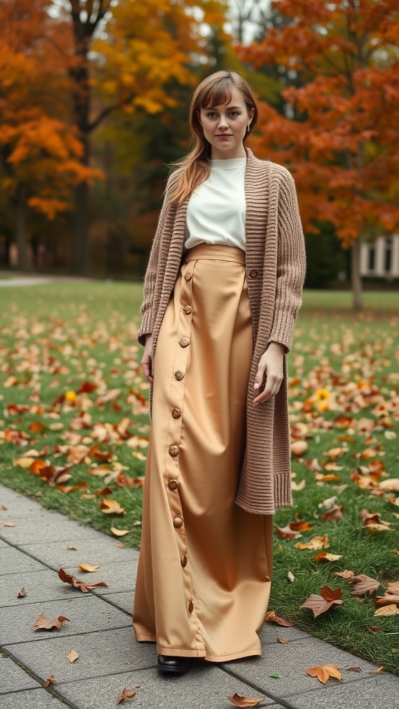A woman wearing a long cardigan over a satin maxi skirt in an autumn setting with fallen leaves.