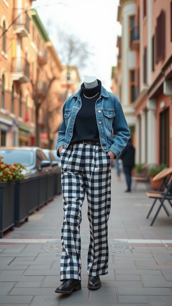 A stylish layered outfit featuring gingham trousers, a black turtleneck, and a denim jacket, set in a scenic urban street.