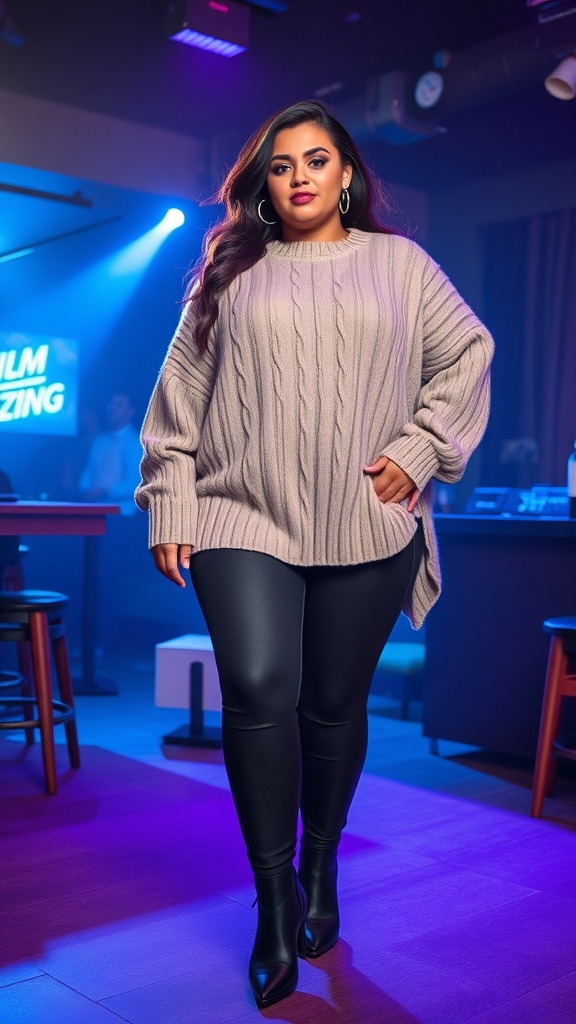A stylish plus-size woman in a cozy oversized sweater, black leggings, and ankle boots standing in a lively setting.