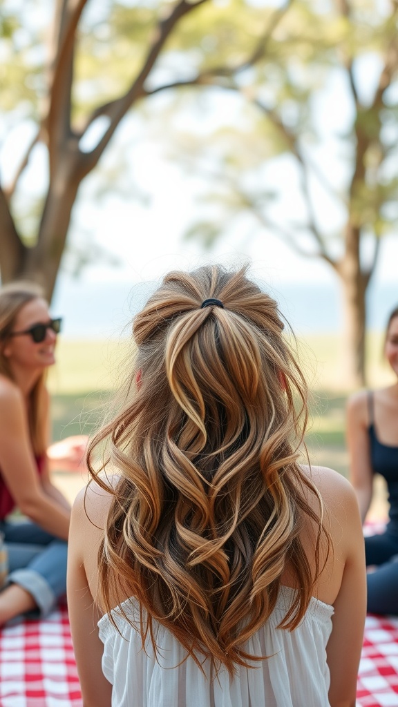 A woman with a layered messy ponytail and loose tendrils, sitting outdoors with friends.