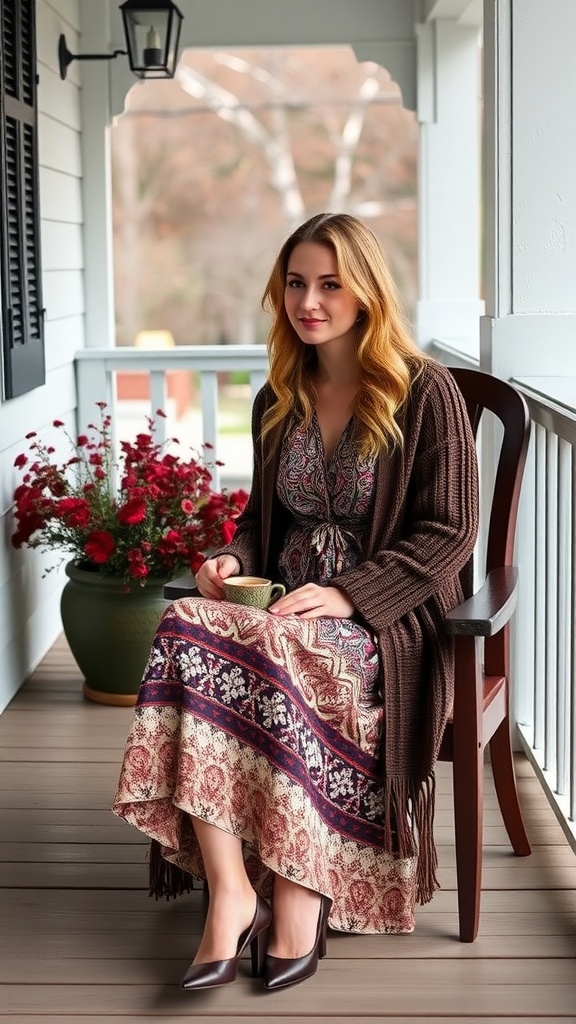 A woman sitting on a porch wearing a layered midi dress and a cardigan, holding a cup of tea with flowers in the background.