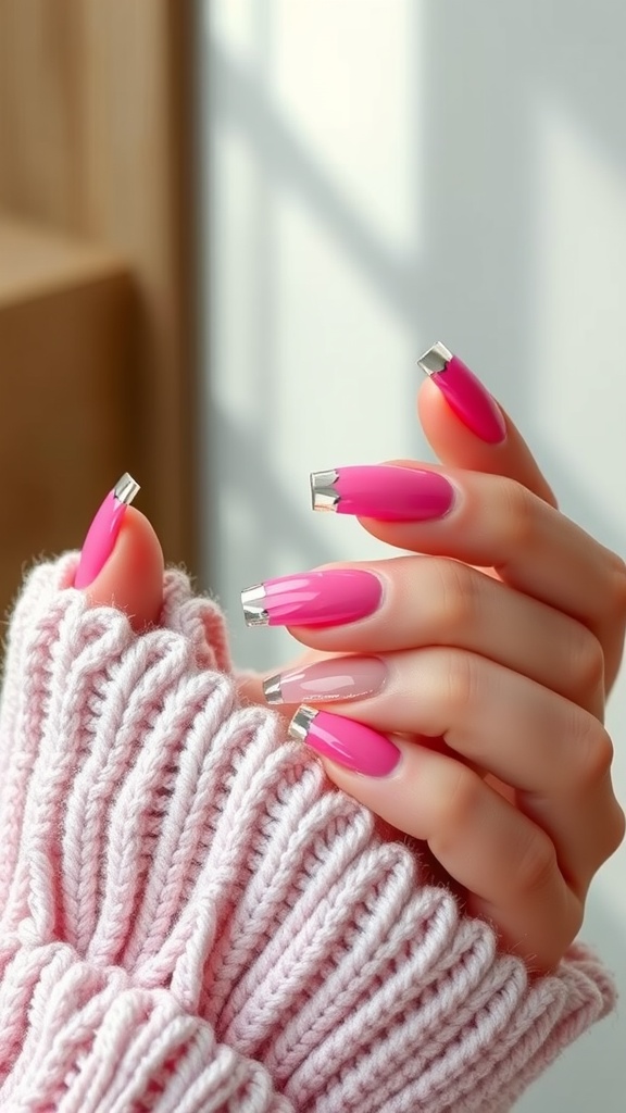 Close-up of pink chrome square nails with layered design and shiny accents