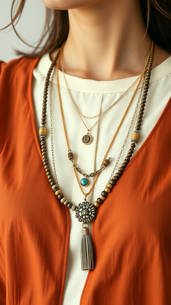 A close-up of layered necklaces worn with a simple blouse, showcasing various styles and textures.