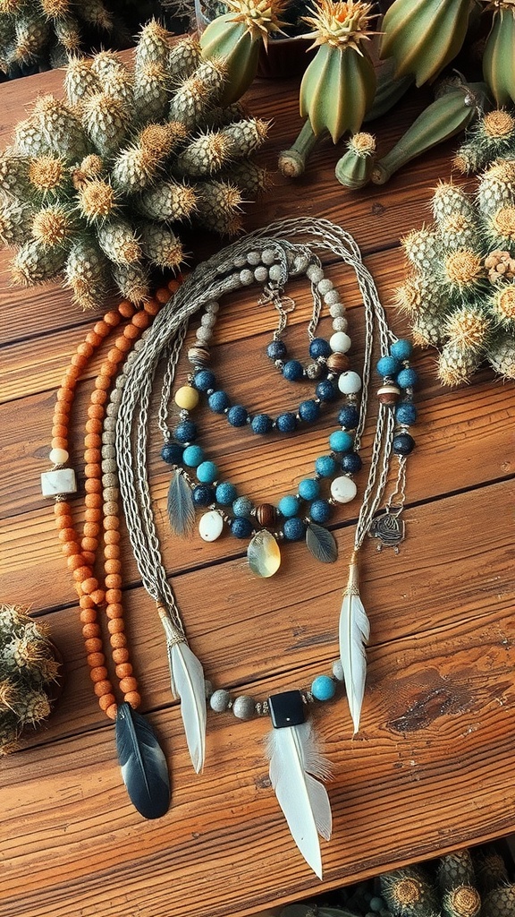 A collection of layered necklaces with natural elements like feathers and wooden beads on a wooden surface surrounded by cacti.