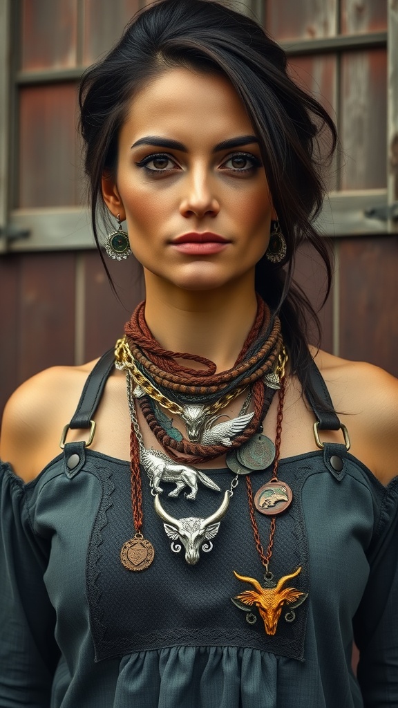 A woman showcasing layered necklaces with Western-inspired designs and motifs.
