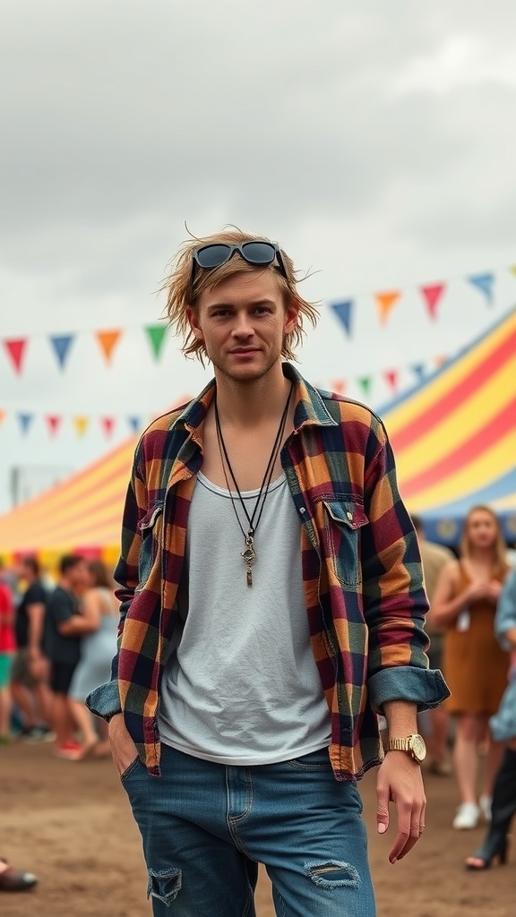 A young man wearing a plaid flannel shirt over a white t-shirt, with ripped jeans, at a festival.