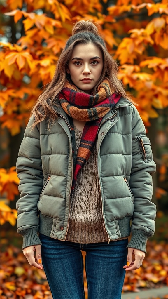 A person in a quilted jacket, cozy sweater, and plaid scarf standing against a backdrop of autumn leaves.