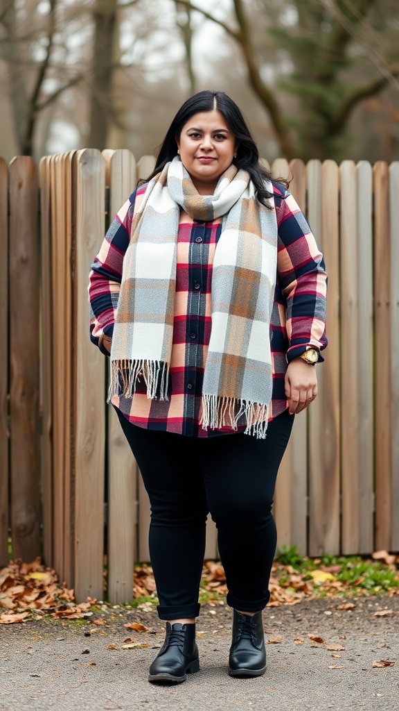 A plus-size woman standing outdoors in a plaid shirt, black leggings, and a scarf, showing a stylish layered outfit for transitional seasons.