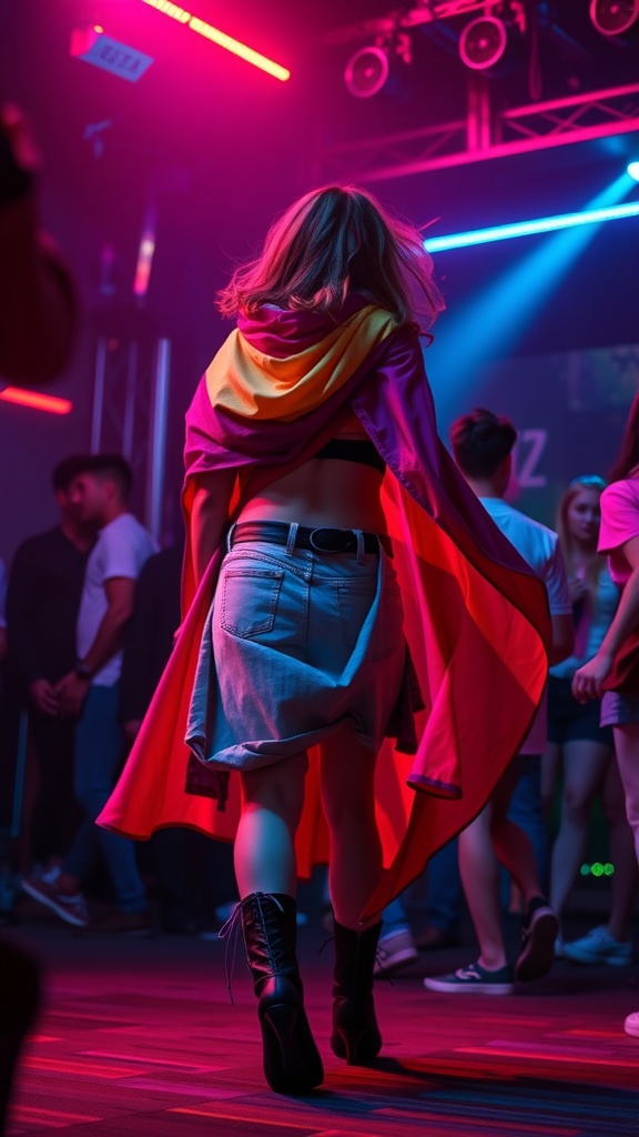 A person wearing a colorful cape at a rave, with neon lights in the background.