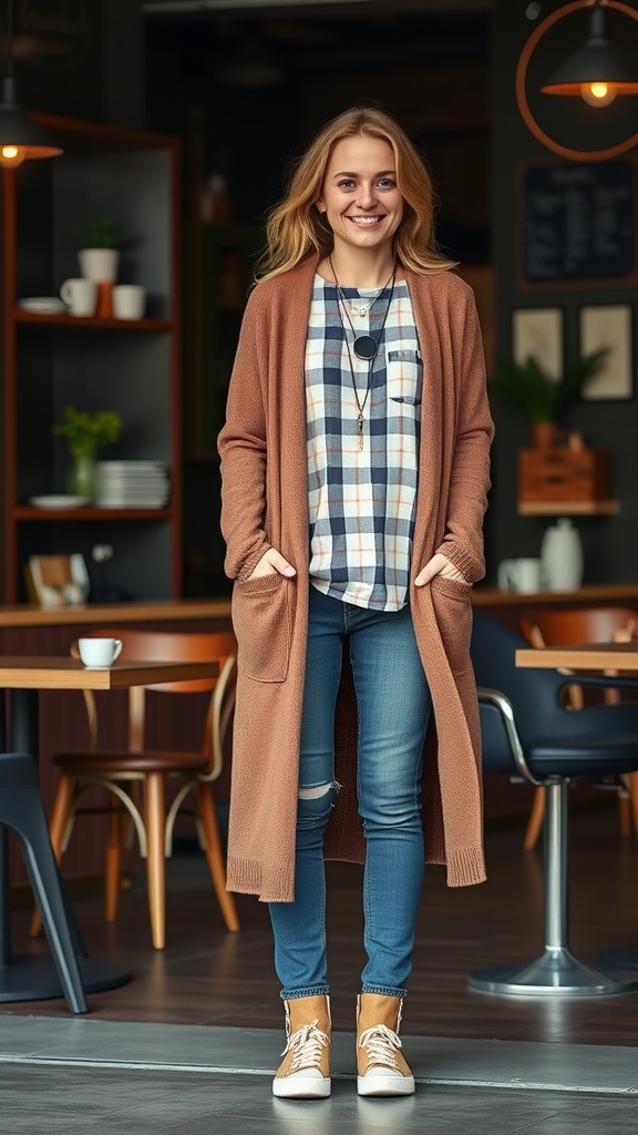 A woman in a long cardigan and plaid shirt, standing in a cafe.
