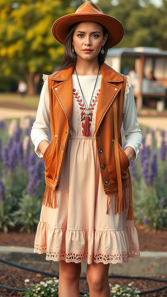 A model wearing a caramel western vest over a light pink dress, accessorized with a wide-brimmed hat and jewelry, posing in a floral setting.