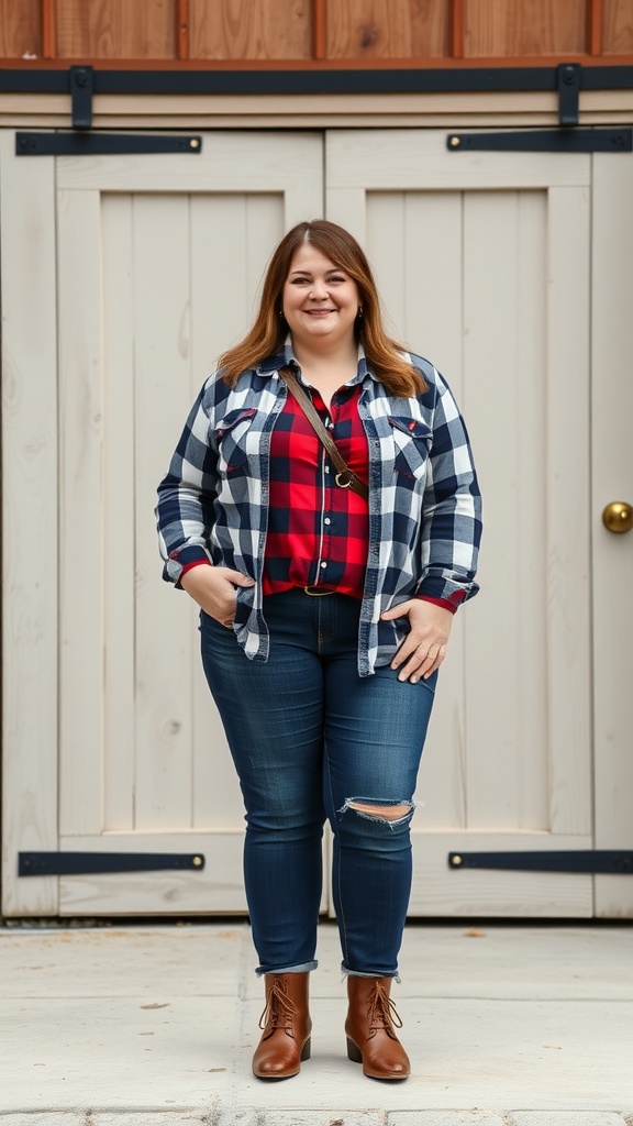 A plus-size woman wearing a plaid shirt over a checkered top, paired with fitted jeans and brown ankle boots, standing in front of a wooden backdrop.