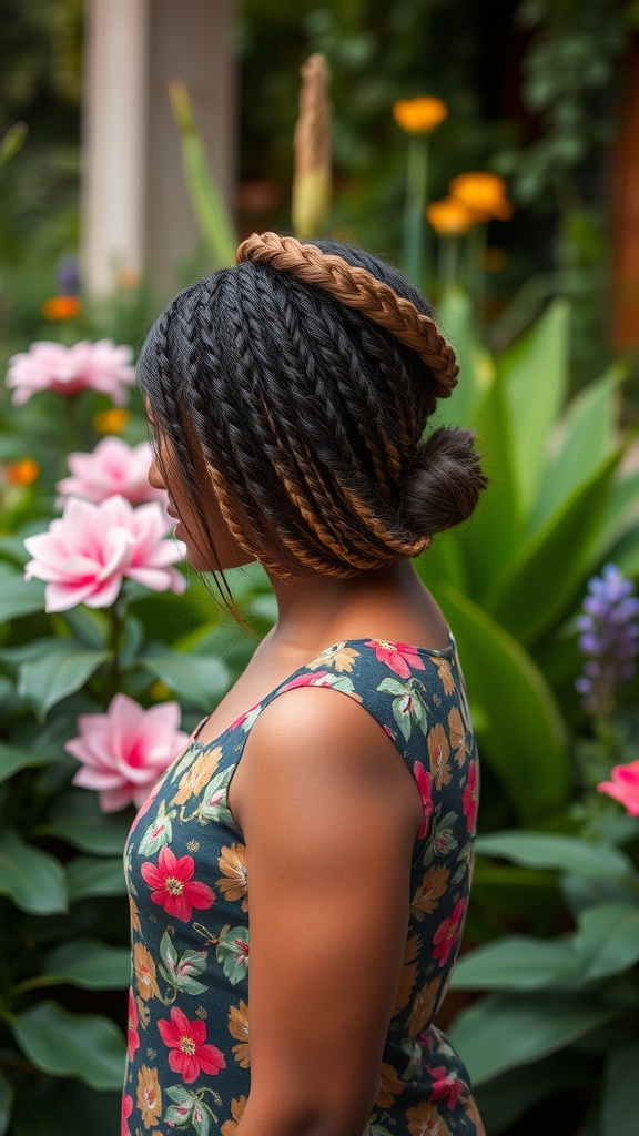 A woman with a layered quick weave hairstyle featuring a braided crown, surrounded by colorful flowers.